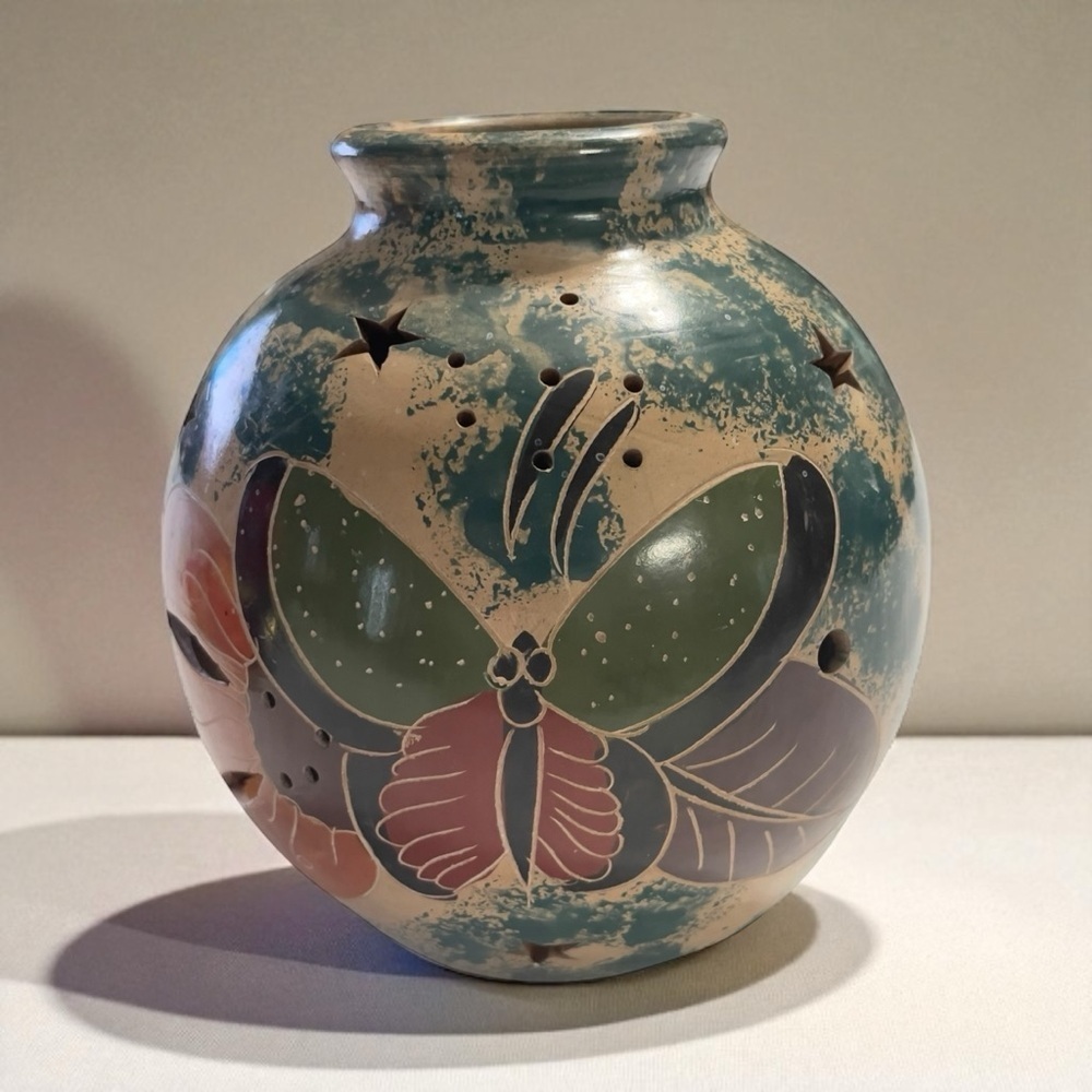 Votive Candle Holder Costa Rica Pottery Hand Carved Cut Away Design Butterfly